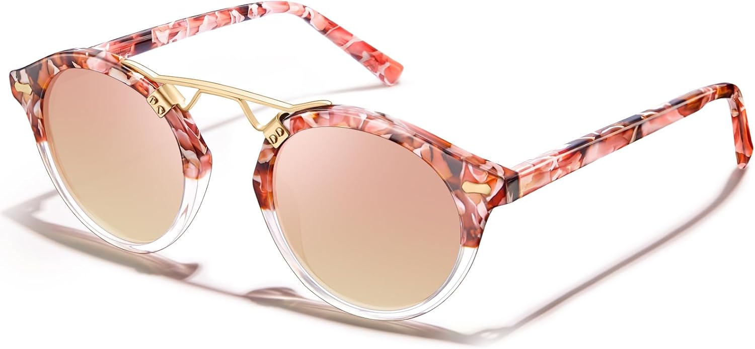 

Солнцезащитные очки CARFIA Small Face Acetate Polarized Sunglasses для женщин с защитой от УФ-излучения, в стиле ретро, ​​с двойной перемычкой и металлическими оправами, круглые, 8-4. Sakura Tortoise Frame Pink Mirrored