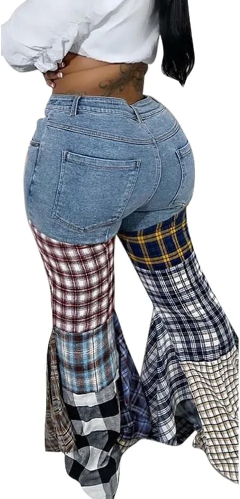 

Женские джинсы Apvirdy в клетку, винтажные, с высокой талией и расклешенным низом