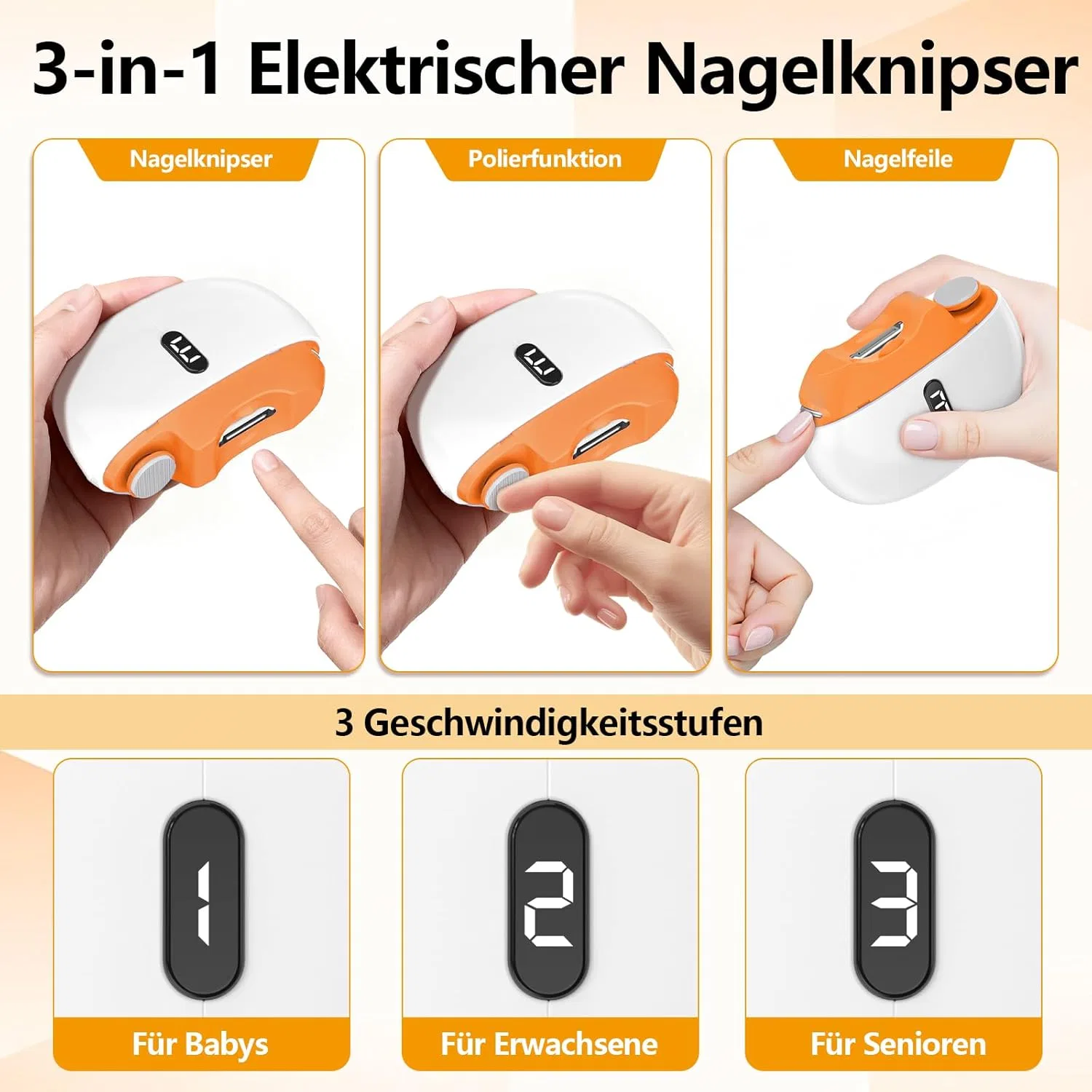 Электрическая пилка-триммер для ногтей 3-в-1 с LED-подсветкой Yoytrf, Orange — фото 2