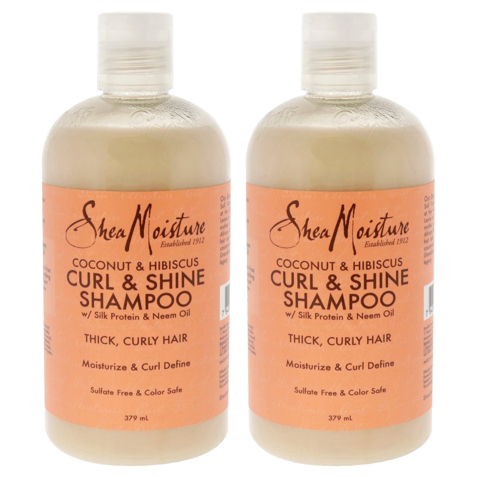 

Шампунь для кудрявых волос с кокосом и гибискусом для придания блеска - набор из 2 штук от Shea Moisture, подходит как для мужчин, так и для женщин - 380 мл, прозрачный