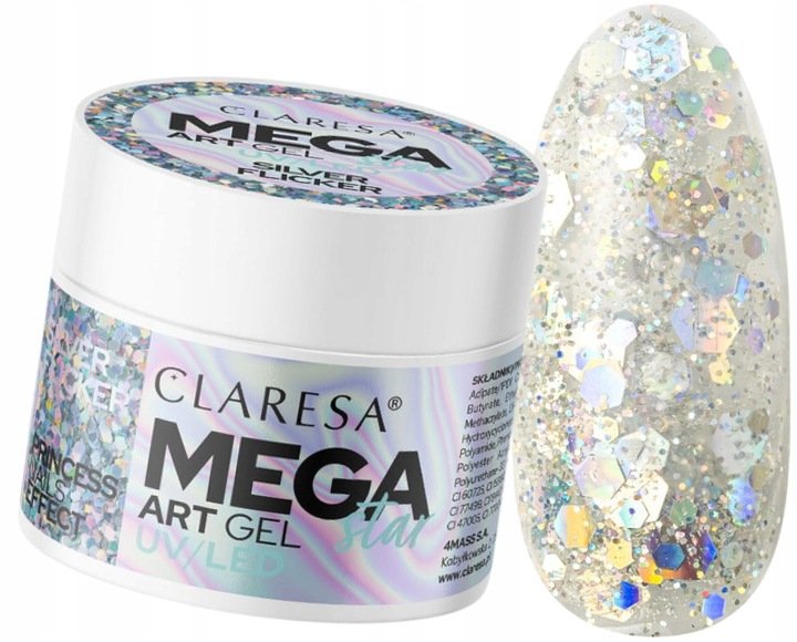 

Claresa Mega Star Gel Glitter Gel для декора, серебристый мерцающий 10 г Puderek