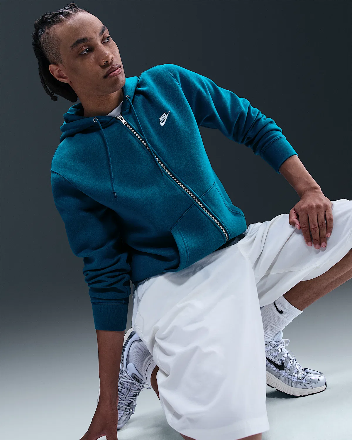 Мужская флисовая кофта на молнии Nike Club, Green Abyss/Green Abyss/White — фото 3