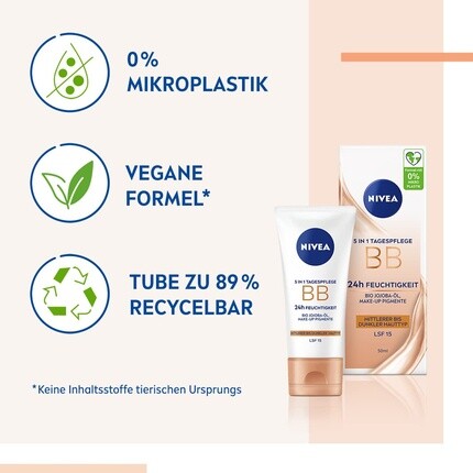 Дневной уход 5 в 1 Bb 24H Moisture Spf 15 Тональный крем для средней и темной кожи с органическим маслом жожоба и косметическими пигментами, Nivea — фото 2