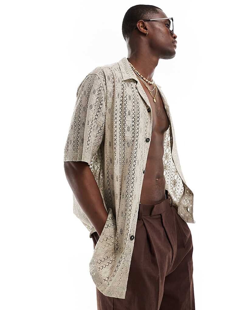 

Серо-бежевая рубашка свободного кроя с кубинским воротником ASOS DESIGN