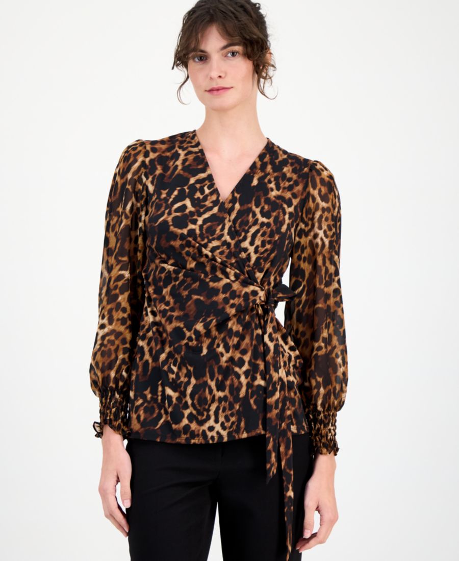 

Женская блузка с анималистическим принтом и запахом Anne Klein, Deep Mahogany Multi