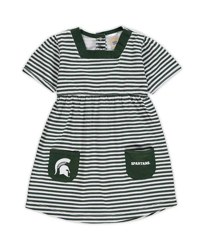 

Зеленое полосатое платье Michigan State Spartans для девочек-малышей с карманами Little King Apparel