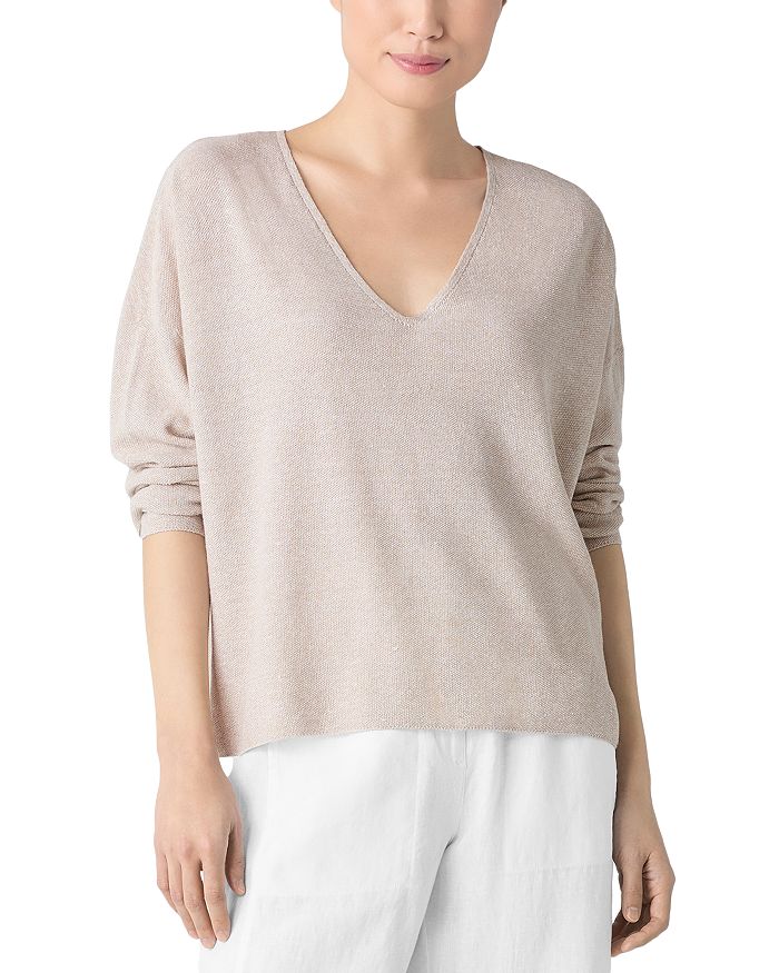

Льняной хлопковый свитер с V-образным вырезом Eileen Fisher, белый