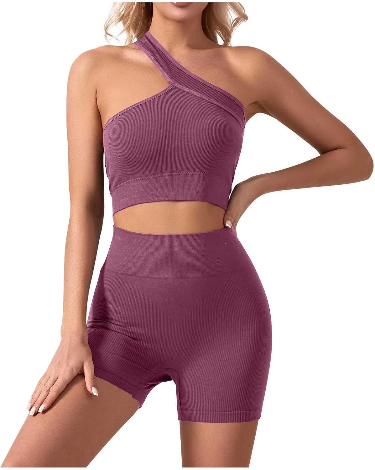 Спортивный костюм для женщин, топ на одно плечо и шорты, бренд Generic, Hot Pink — фото 2