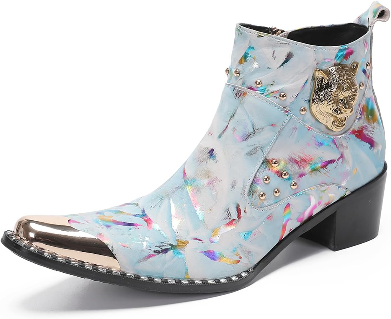 

Мужские повседневные рокерские челси-бутсы Santimon - кожаные вестерн-ковбойские с тигровой головой и граффити-молнией для вечеринок, певцов и баров, белый