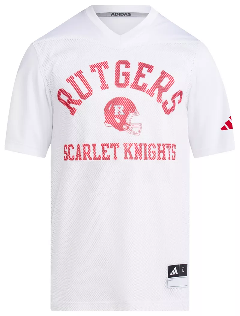 

Мужская белая футбольная майка Adidas Rutgers Scarlet Knights с задней дверью