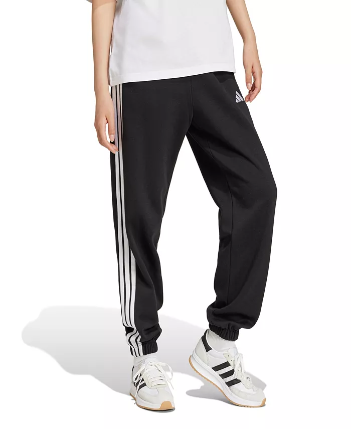 Женские свободные флисовые брюки Essentials с тремя полосками adidas, черный — фото 2