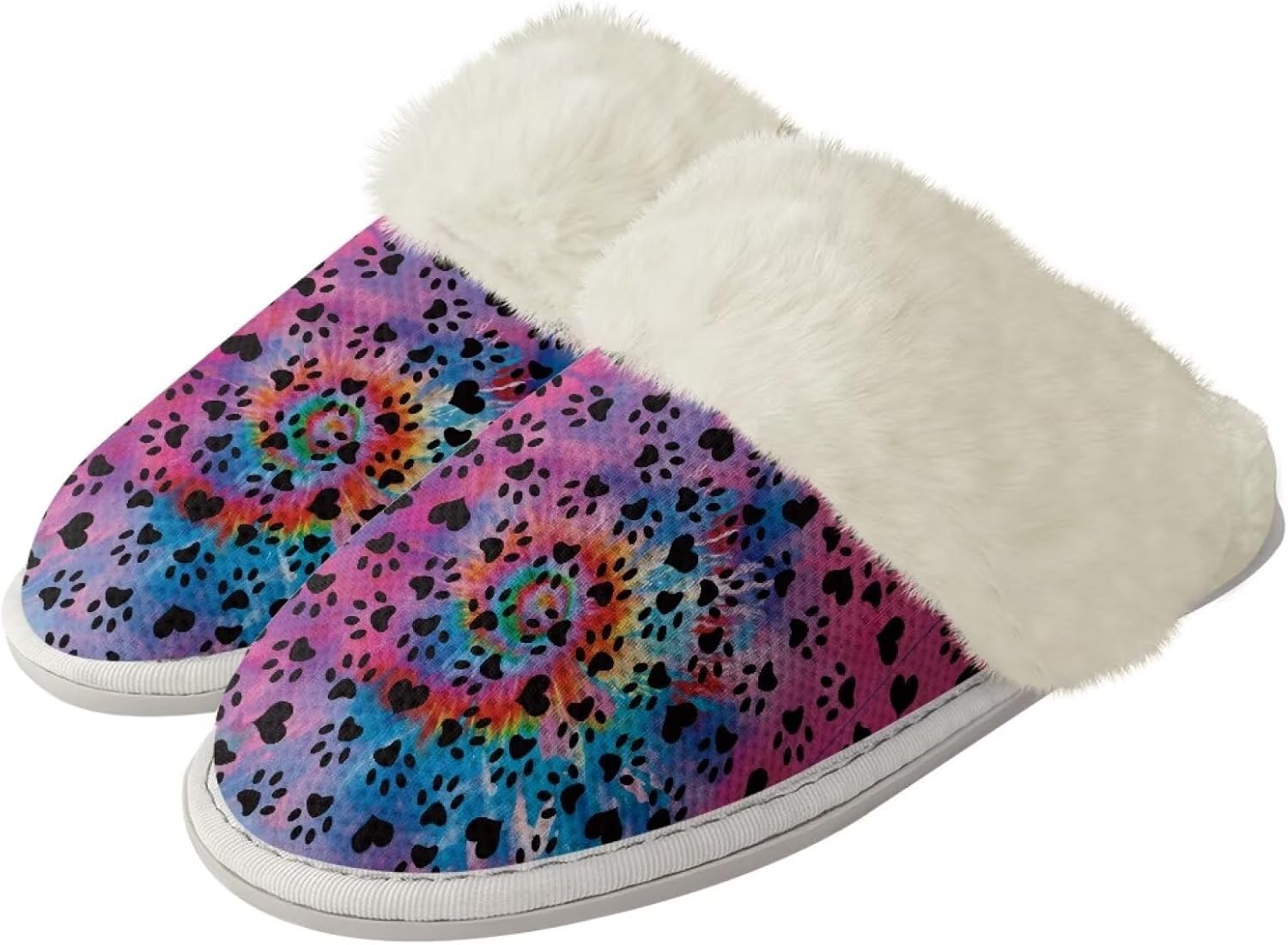 

Мягкие тапочки для женщин и мужчин, зимние теплые домашние тапочки на скользкой подошве, унисекс, мягкие плюшевые, закрытый носок, для дома, ванной или отеля Watdotory, Tie Dye Dog Paw Heart