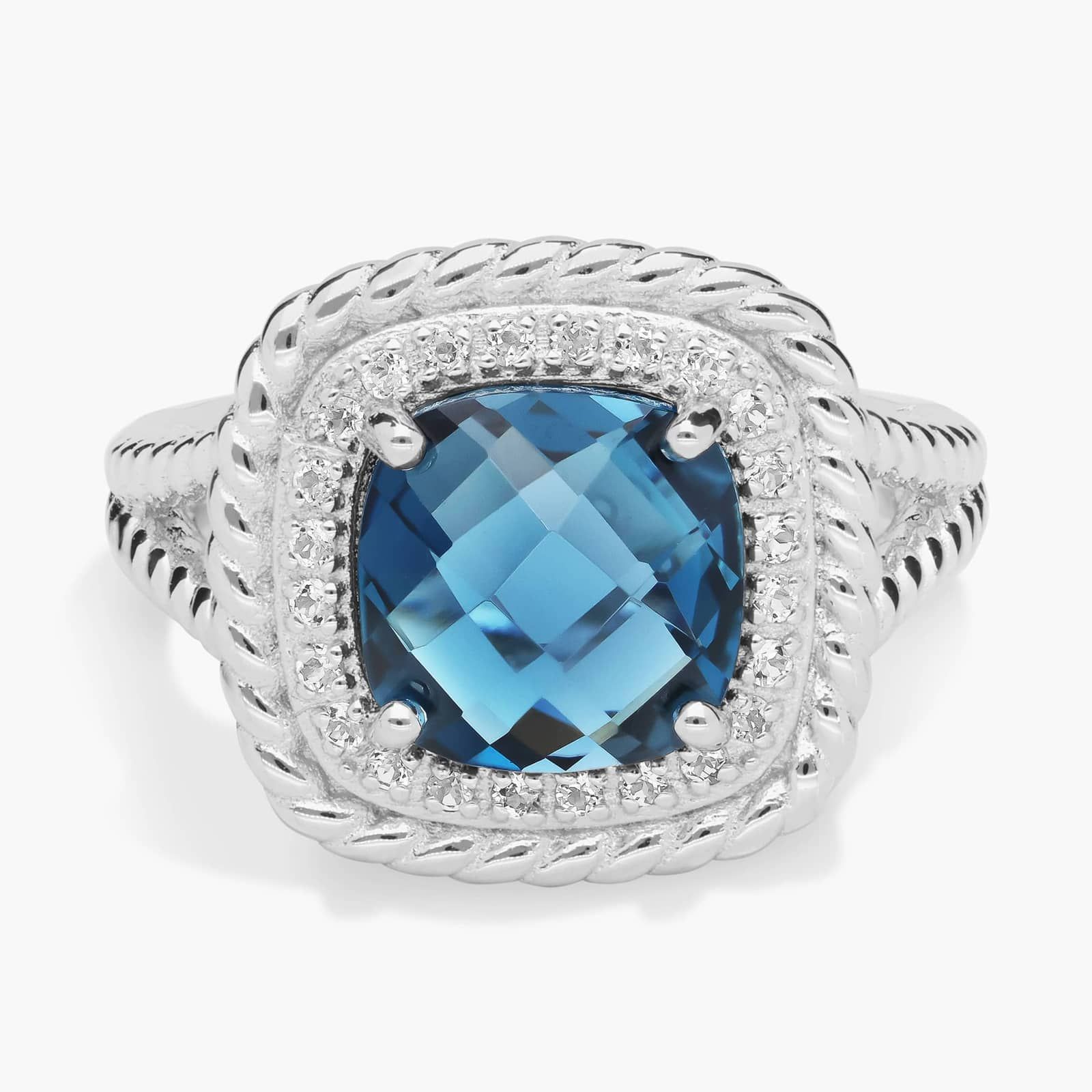 

Кольцо Corda Cushion-Cut London Blue Topaz Halo из стерлингового серебра (8 мм) Blue Nile