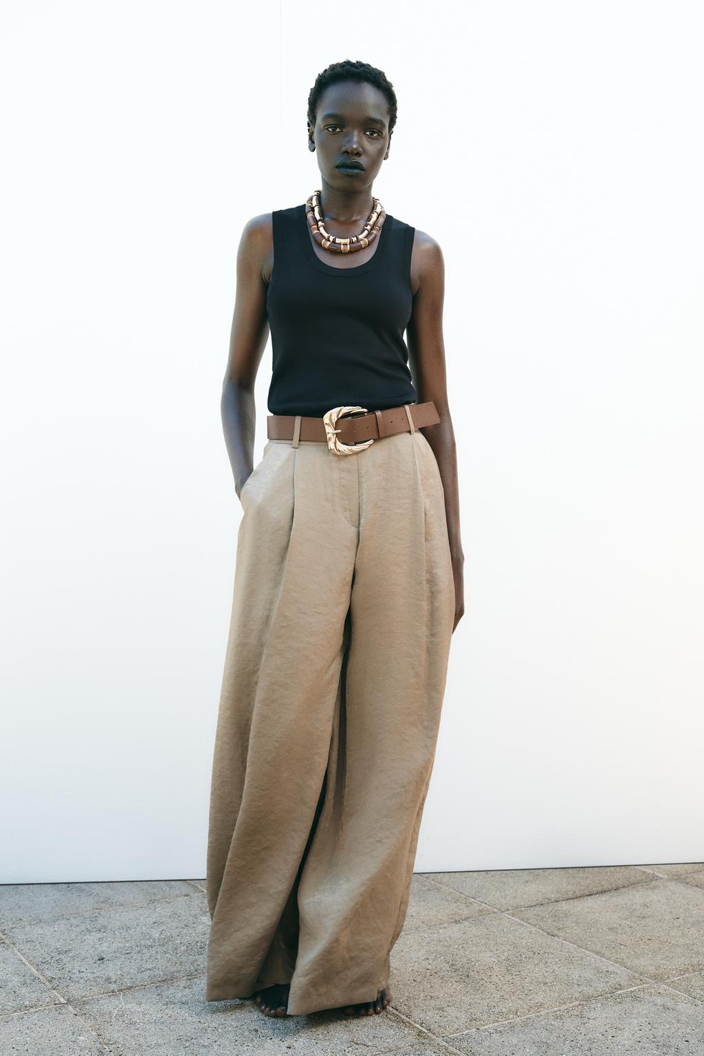

Атласные широкие брюки с поясом ZARA, цвет Brown/Taupe
