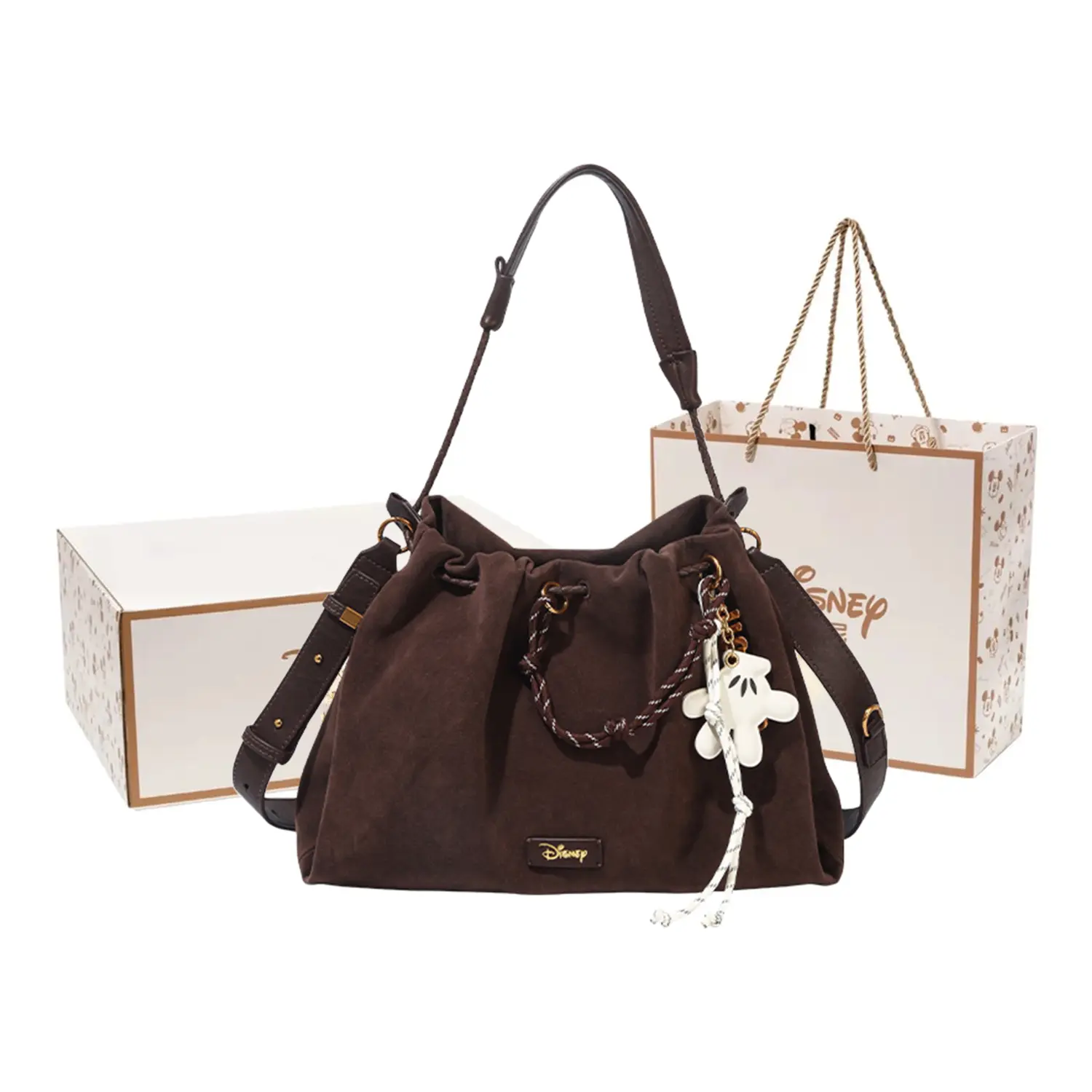 

Disney Микки серия фланелевый рюкзак на одно плечо женский коричневый, Maillard Style-Vintage Tote Bag[Includes Disney Box+Shopping Bag+Plush Pendant]