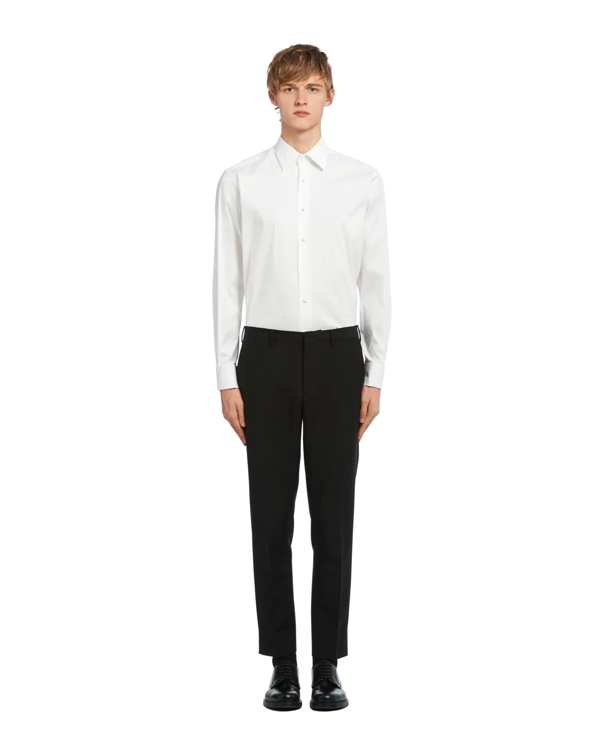 Сорочка-смокинг из стрейчевого поплина Prada, белая — фото 2