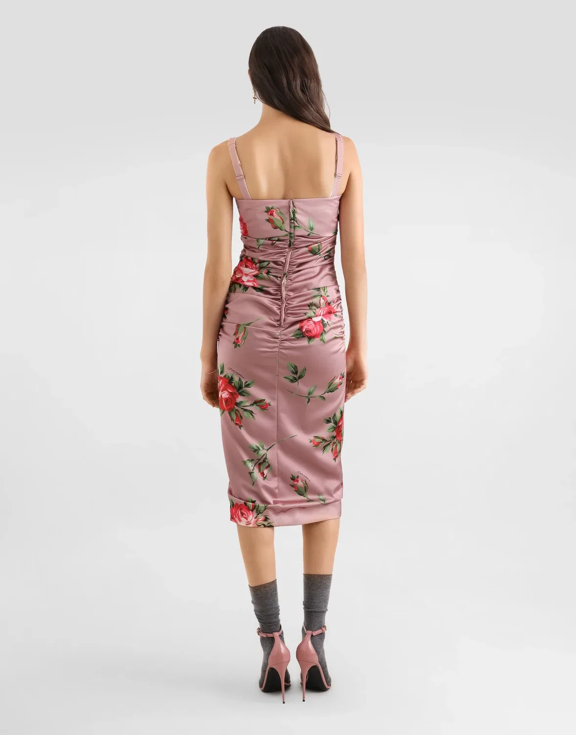 Атласное платье с принтом "букет роз" DOLCE & GABBANA, белый — фото 3