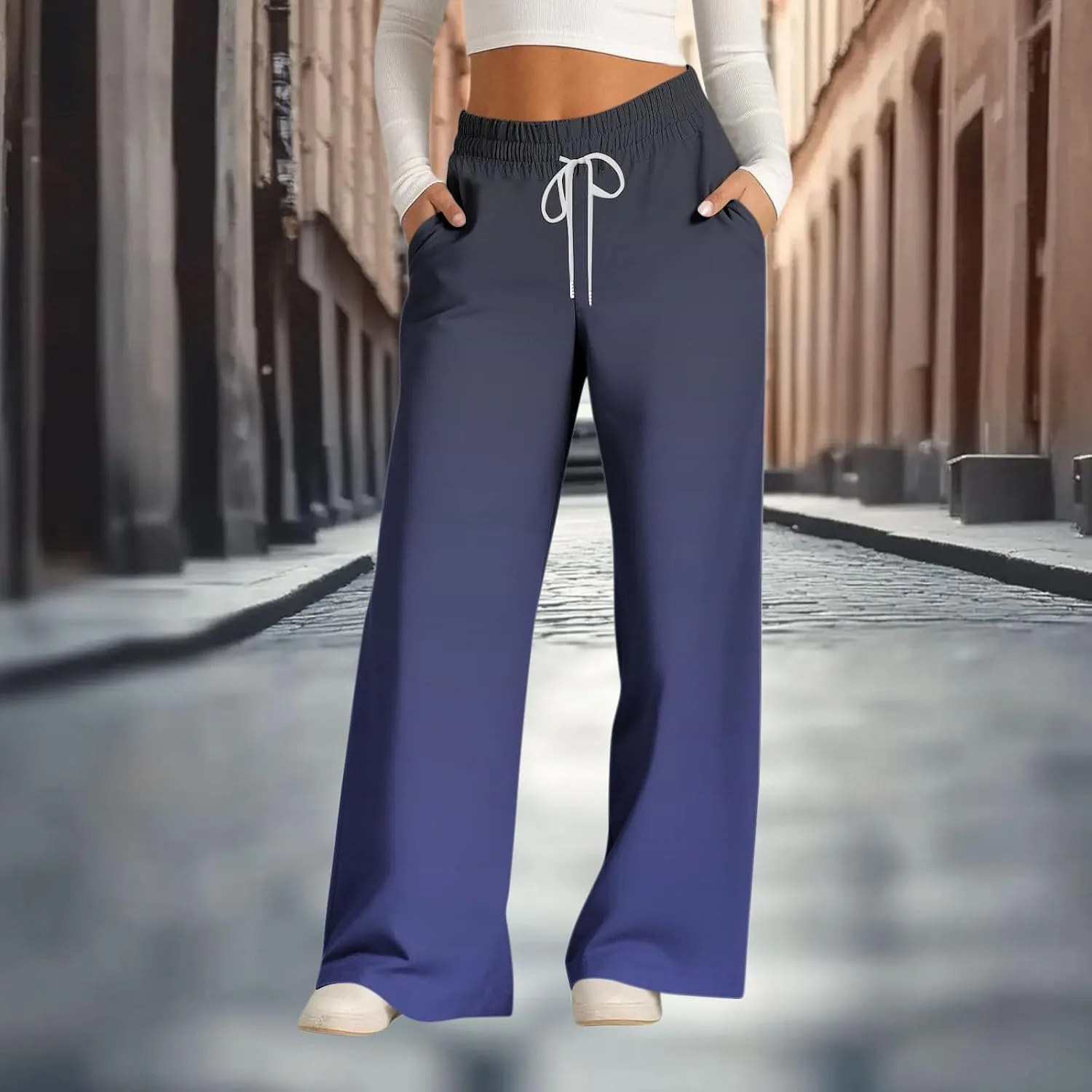 Женские брюки Wide Leg классического кроя с градиентом, свободные, для отпуска, с высокой талией, повседневные, с карманами Generic, темно-синий — фото 2
