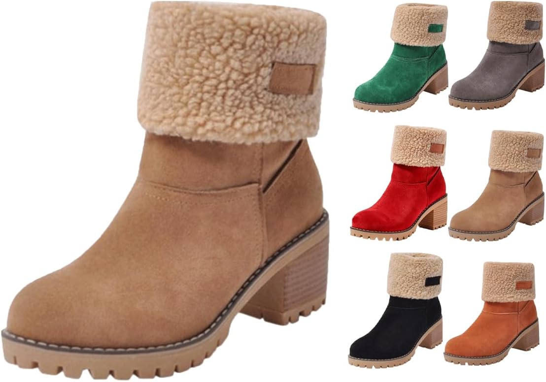 

Зимние женские ботинки из замши в винтажном стиле, повседневные модные ботильоны на каблуке, уютные ботинки с отворотами, обувь средней высоты на толстом подошве, теплые ботинки на легкой шнуровке Generic, хаки