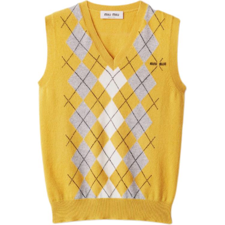 

Вязаный жилет с v-образным вырезом в клетку MIU MIU, желтый