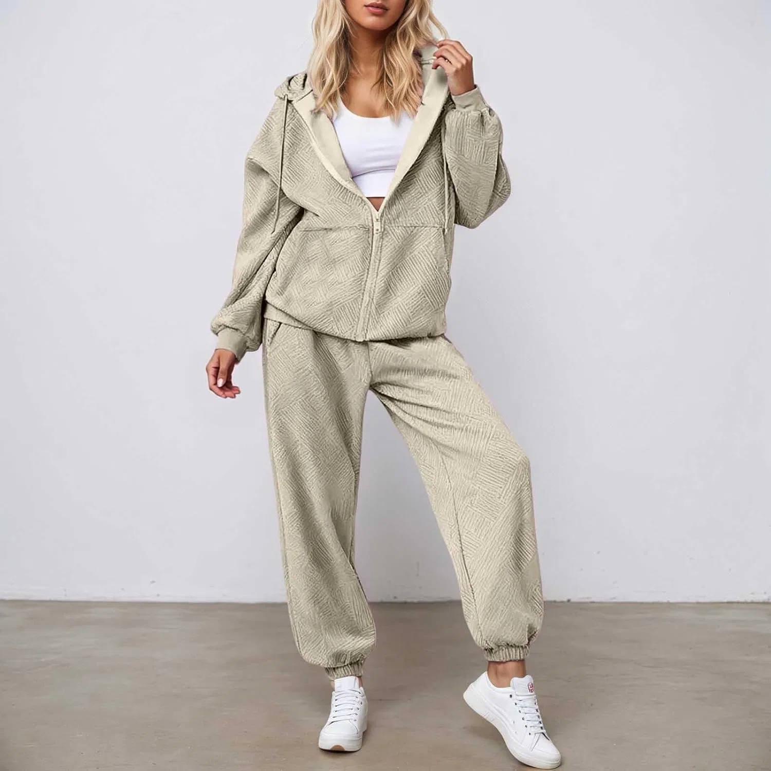 Спортивный костюм из толстовки и широких штанов, Beige — фото 2