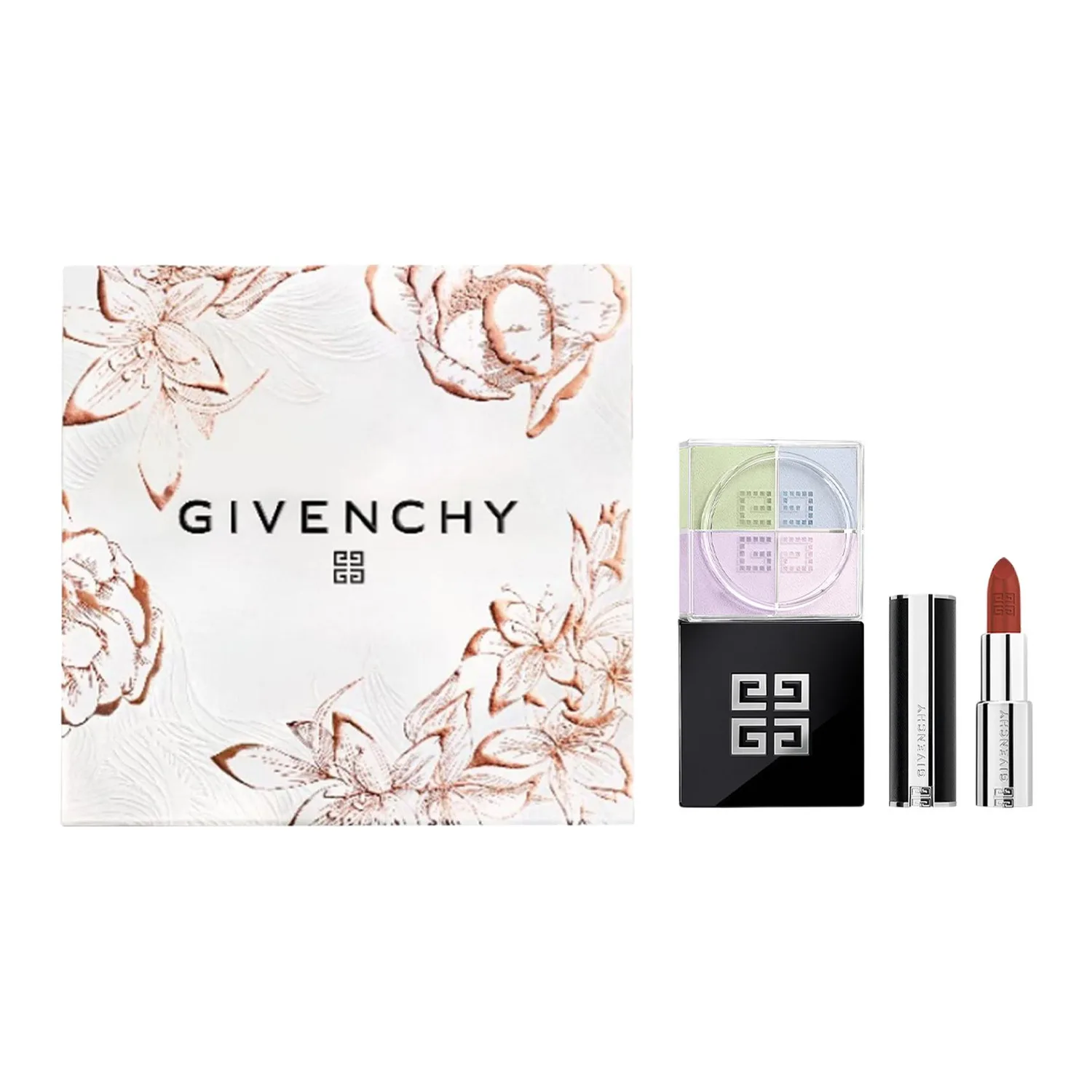 Givenchy Набор косметики для стойкого и ровного тона без пересушивания, Two-Piece Set: Lambskin Lipstick #N319+Quadra-Chamber Loose Powder #Size 1