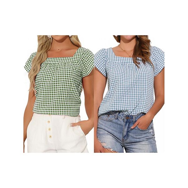 

2 упаковки летних топов с квадратным вырезом в клетку для женщин, безрукавки Inspire Chic, Green White Lake Blue