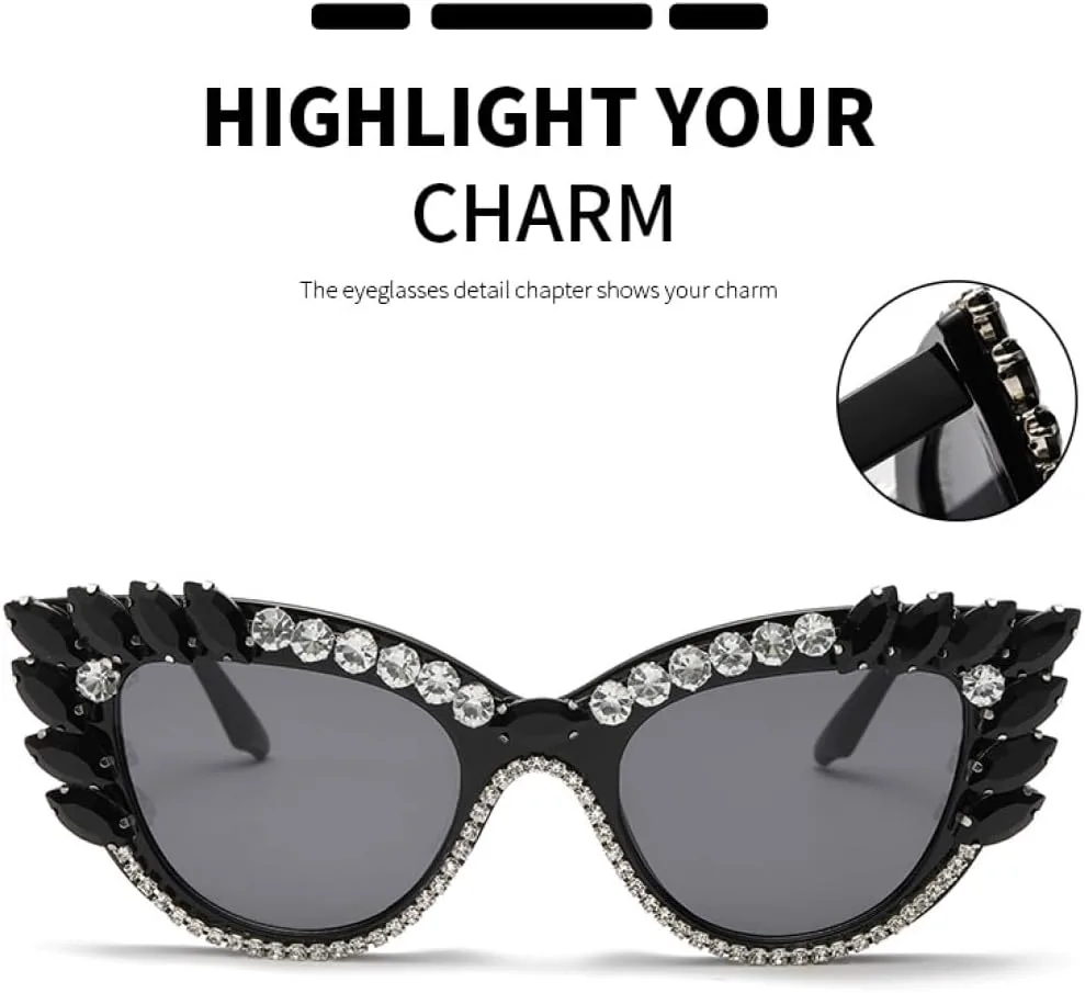 

MUTYNE Модные солнцезащитные очки «кошачий глаз» в крупной оправе с бриллиантовой инкрустацией, водонепроницаемые солнцезащитные очки с бриллиантами, Black Black