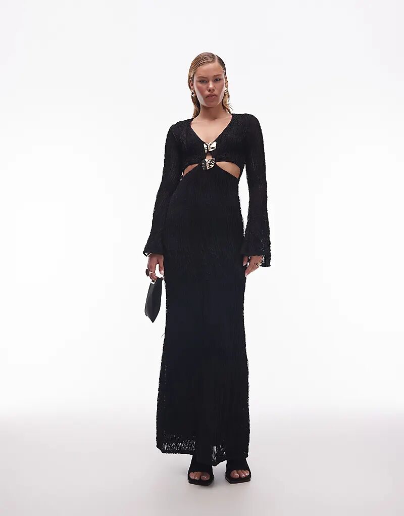 

Платье миди с длинными рукавами и оборками, выполненное в технике кроше, от ASOS DESIGN, черное