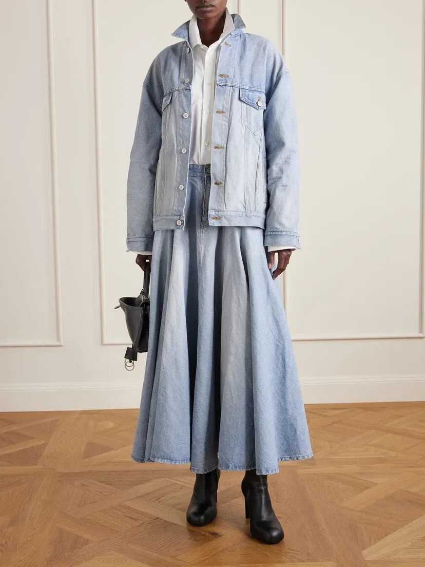 Джинсовая юбка-макси со вставками Годе BALENCIAGA, голубой — фото 2