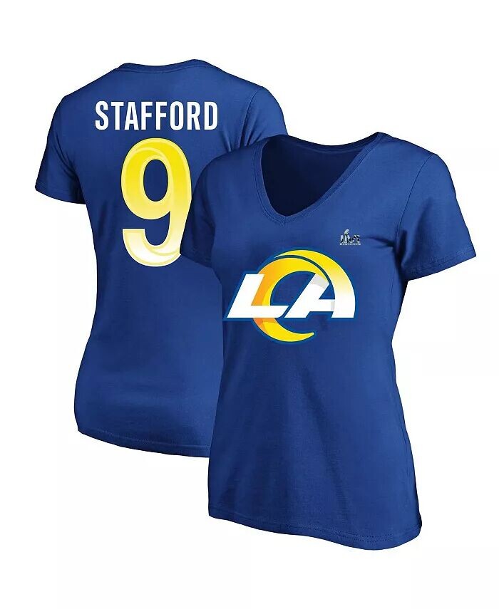 

Женская футболка с v-образным вырезом и логотипом Matthew Stafford Royal Los Angeles Rams Super Bowl LVI размера плюс Fanatics