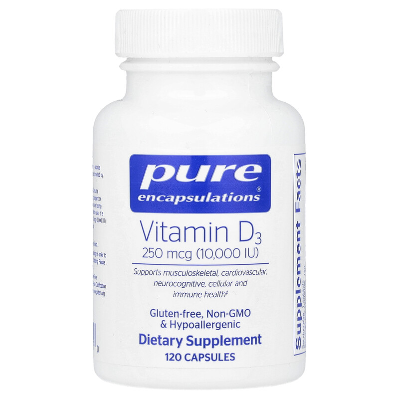 

Pure Encapsulations, Витамин D3, 250 мкг (10 000 МЕ), 120 капсул