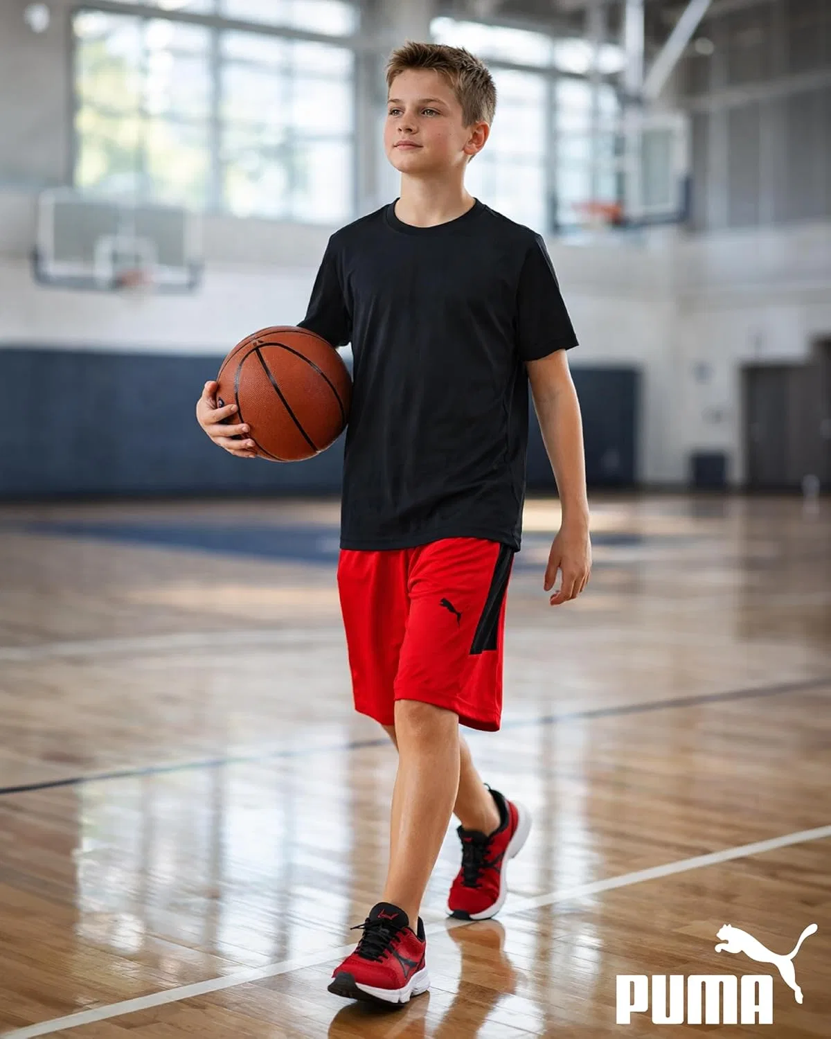 Детские спортивные шорты PUMA для мальчиков - быстросохнущие, дышащие, из трикотажа интерлок, с карманами (размеры: 4-20), красный/черный — фото 2