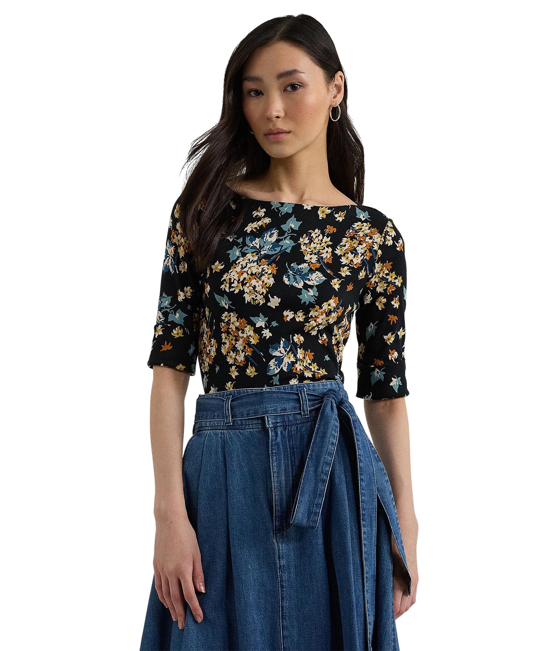 

Футболка Lauren Ralph Lauren Floral Stretch Cotton Boatneck Tee, Black Multi