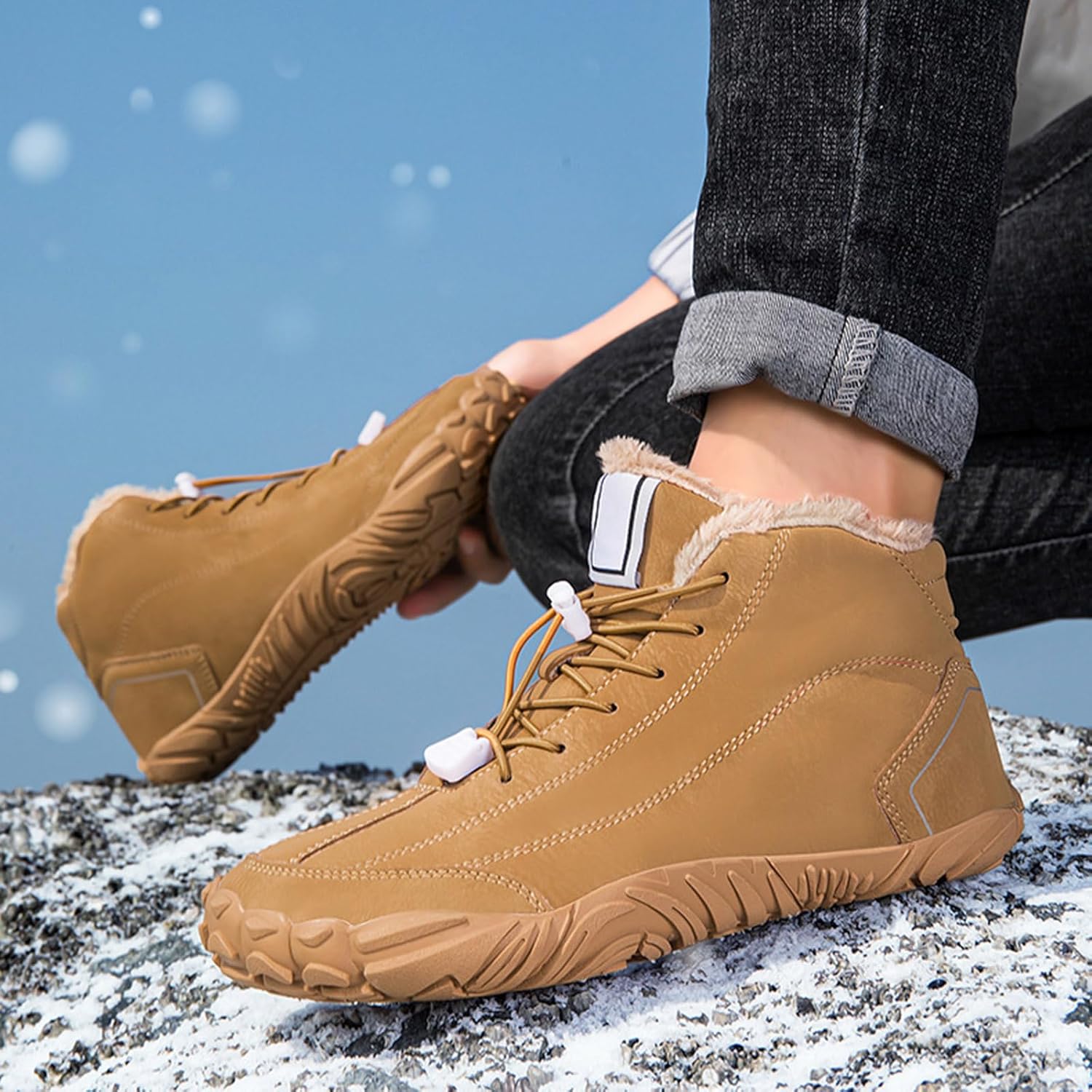 Мужские зимние ботинки Snow Boots Barefoot, утепленные, с теплым мехом, минималистичные зимние ботинки, противоскользящие, короткие у щиколотки, водонепроницаемые, для прогулок на улице Generic, коричневый — фото 4