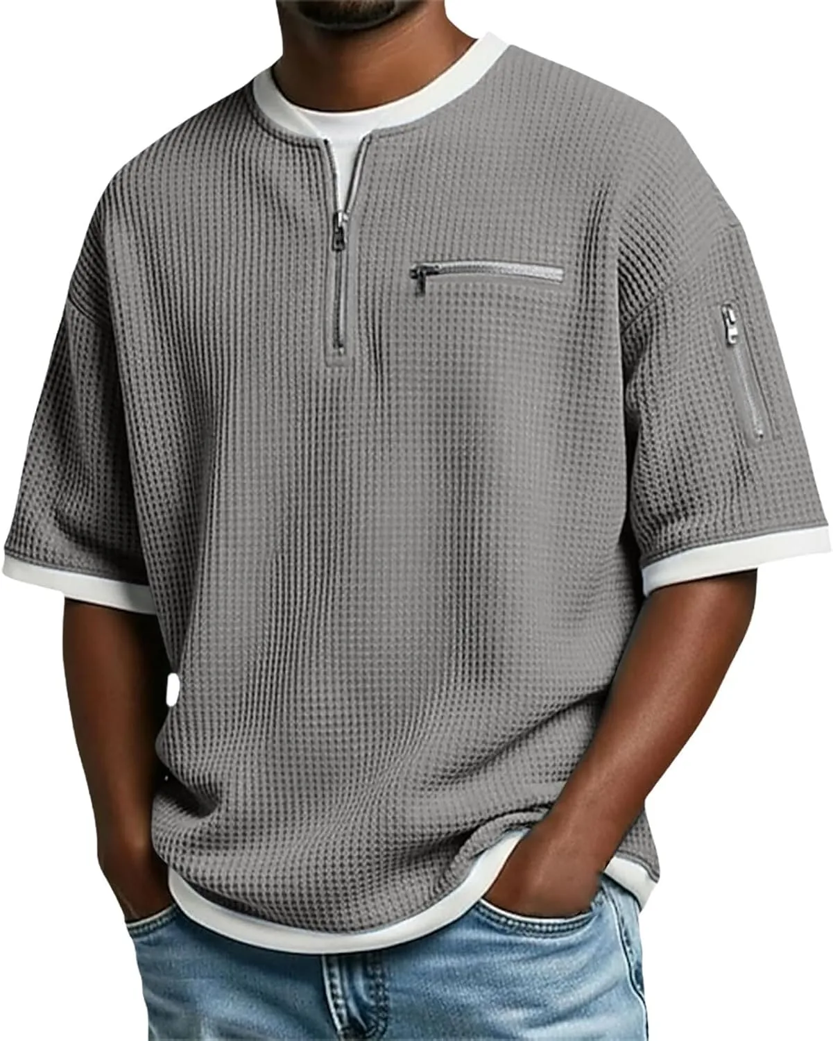 

Футболка с карманом для мужчин Zipper Waffle, короткий рукав, легкая