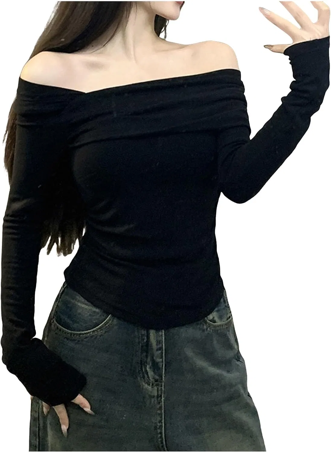 Блуза с открытыми плечами, длинный рукав Off Shoulder Top, черный