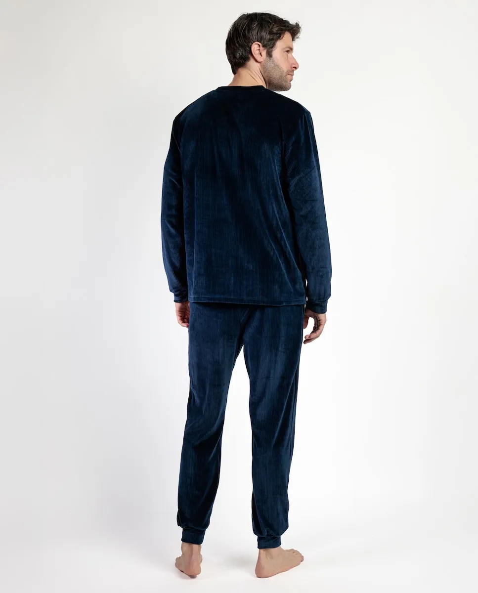 

Мужская пижама с длинными штанинами из мягкого бархатного материала синего цвета Admas