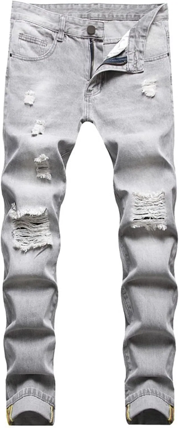 Джинсы прямые, рваные, Slim Fit, бренд не указан, серый