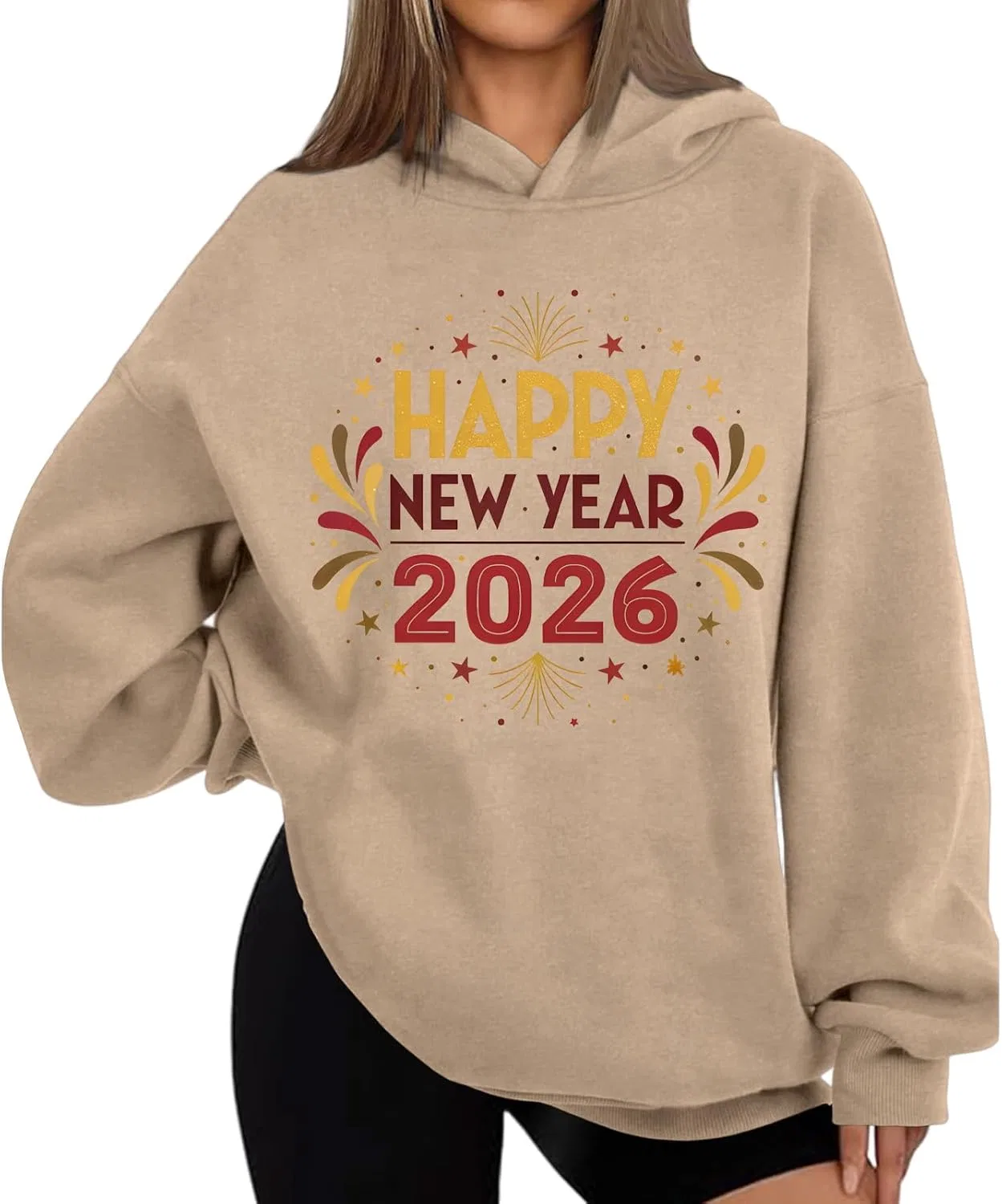 Худи женское оверсайз с принтом Happy New Year 2026, полиэстер, хаки