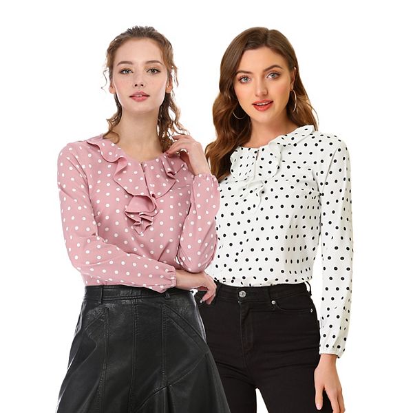 

2 упаковки блузки с длинным рукавом и воротником-жабо в горошек Inspire Chic, Pink White Black Dots