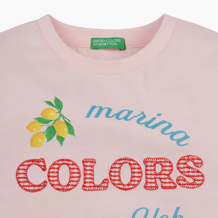 Детская футболка с аппликацией в клетку розового цвета от Benetton Kids — фото 3