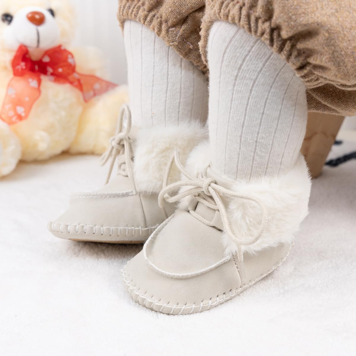 HsdsBebe Детские ботиночки на щиколотку для мальчиков и девочек, флисовые пинетки с противоскользящей резиновой подошвой, кроссовки для малышей, обувь для новорожденных для ходьбы и сна, C3421/Beige — фото 2