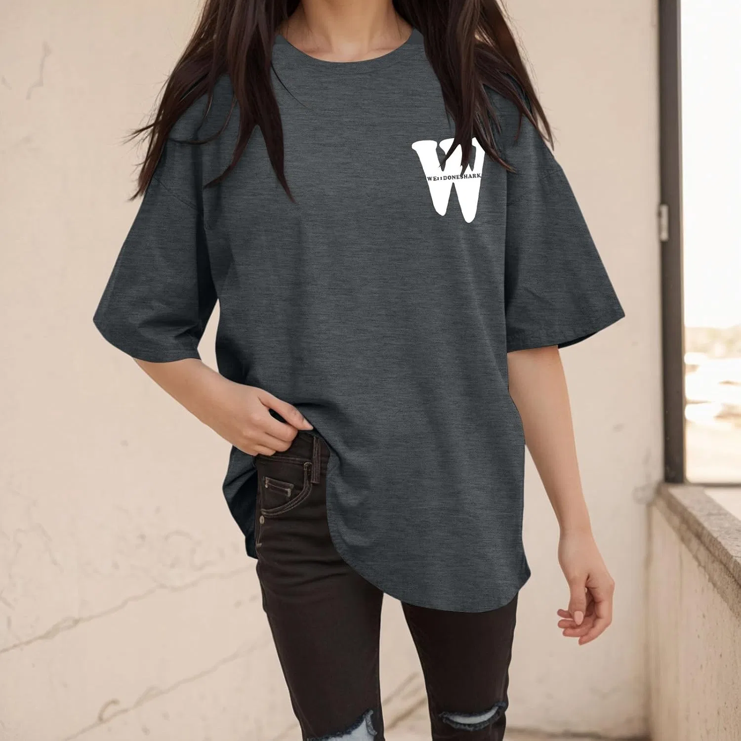 Блуза, свободная, с принтом, Women's Short Sleeve T-shirt, темно-серый — фото 3