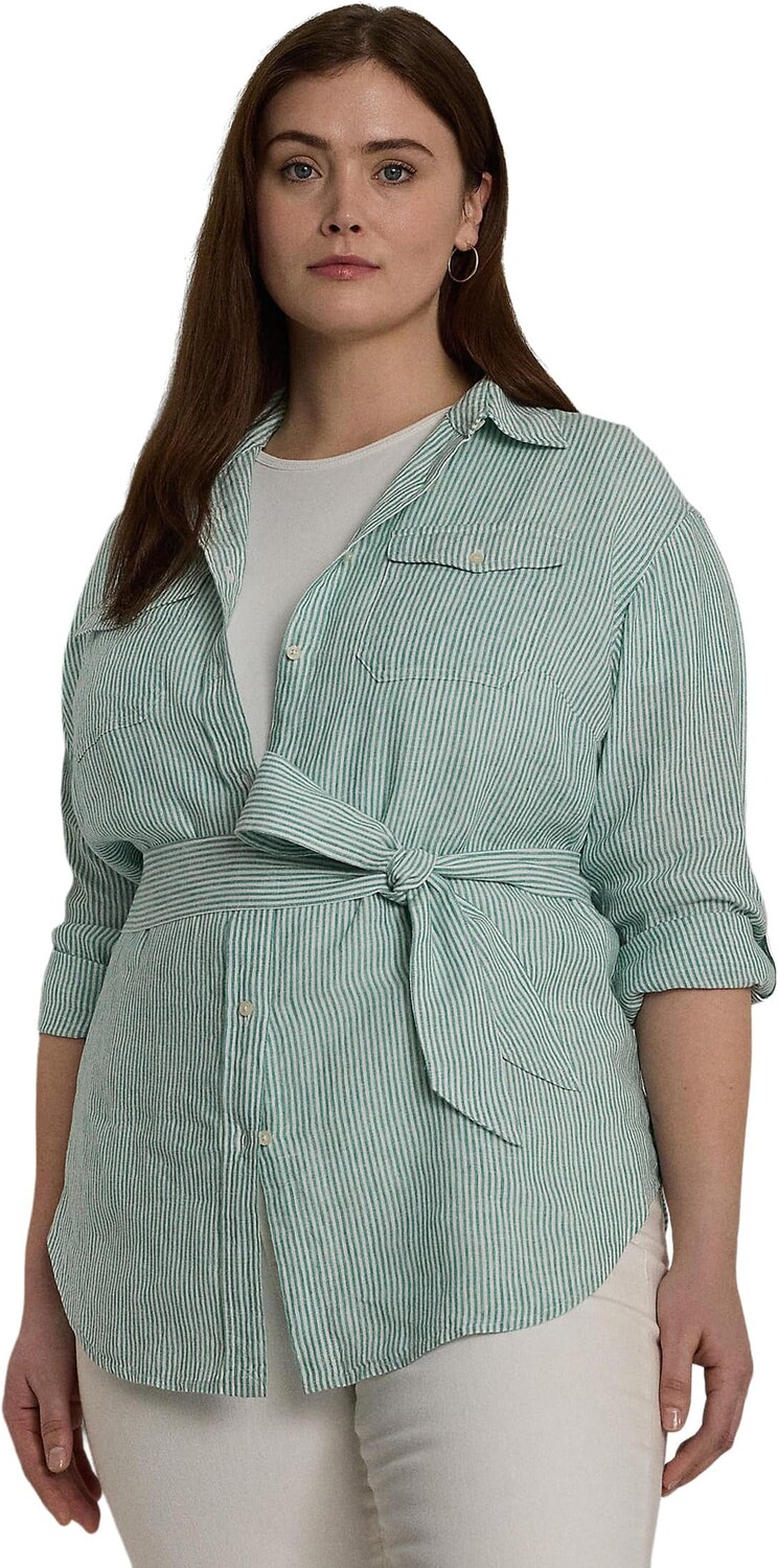 

Рубашка LAUREN Ralph Lauren Plus-Size Relaxed Fit Striped Belted Linen Shirt, цвет Soft Laurel/White