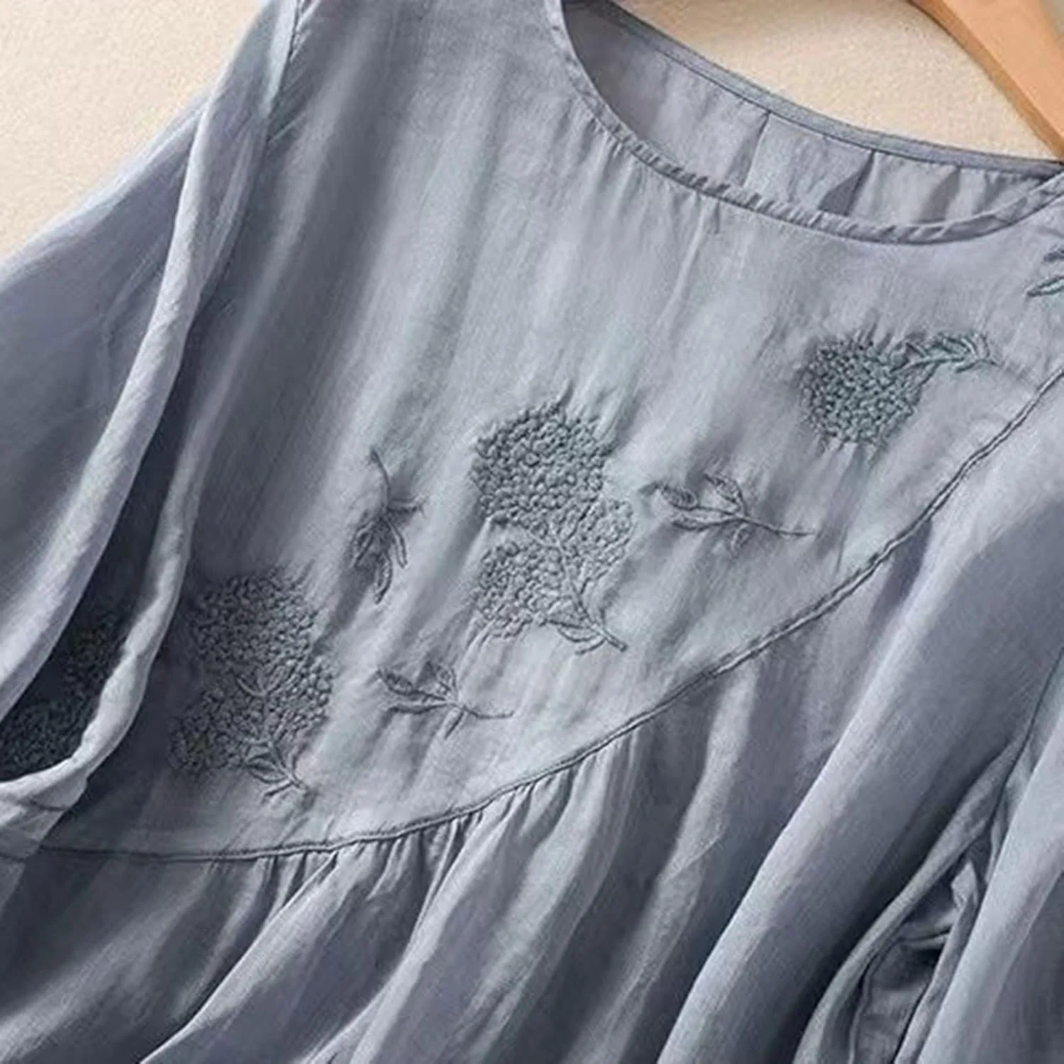 Блуза свободного кроя, Women's T-shirt, Half Sleeve, Cotton Linen, Stylish, Top Blouse, Solid, Loose Fit, Casual, Simple, Linen Shirt, Round Neck, Thin, Large Size, Cute, Top, Embroidery, Floral Pattern, Beautiful, синий — фото 3