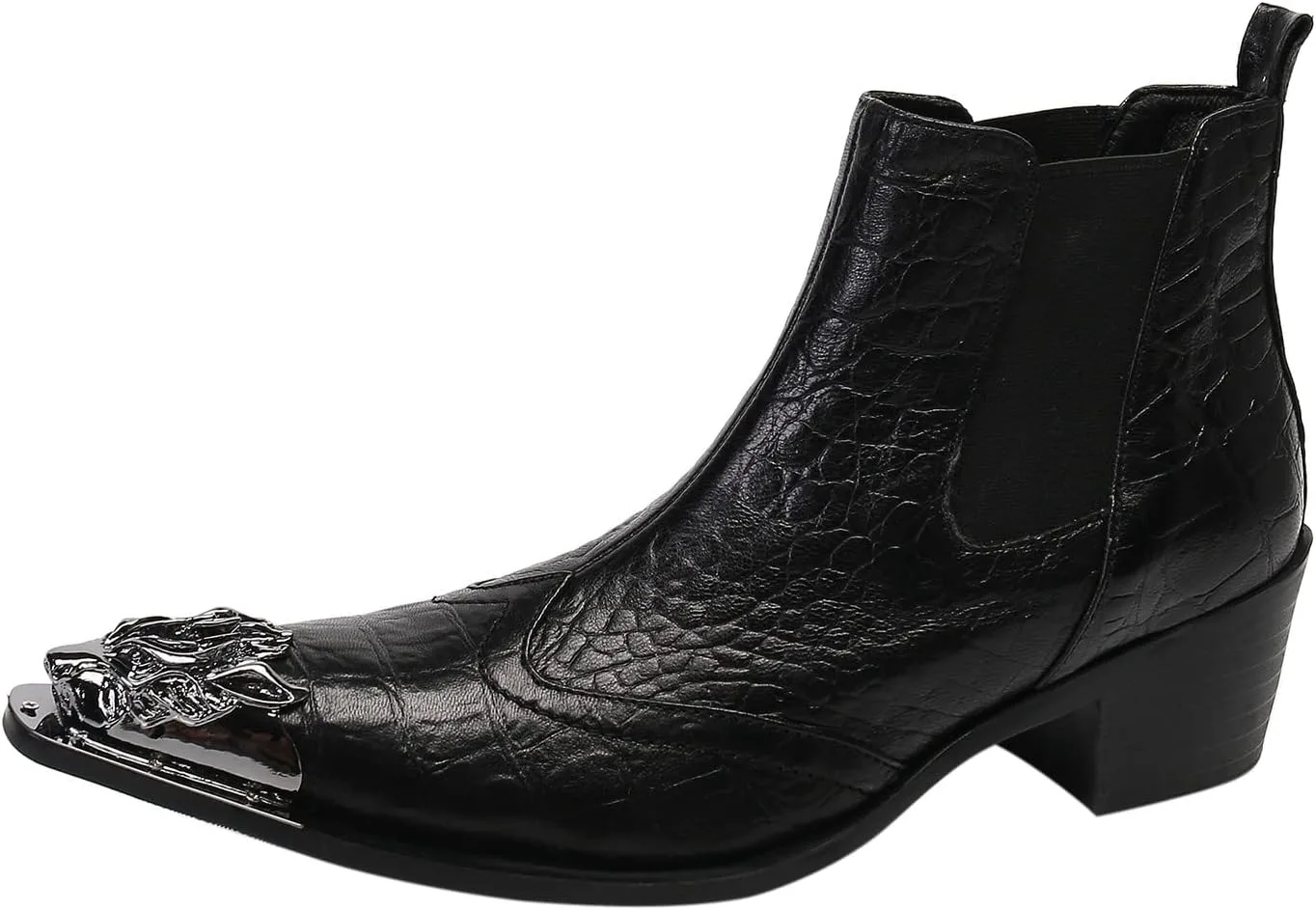 

Мужские ботинки Santimon из натуральной кожи в западном стиле Челси - с закругленным носком с крыльями и боковой молнией, повседневные и нарядные ботильоны - прочные и элегантные для баров хонки-тонк, неоновых дискотек и бальных танцев, черный