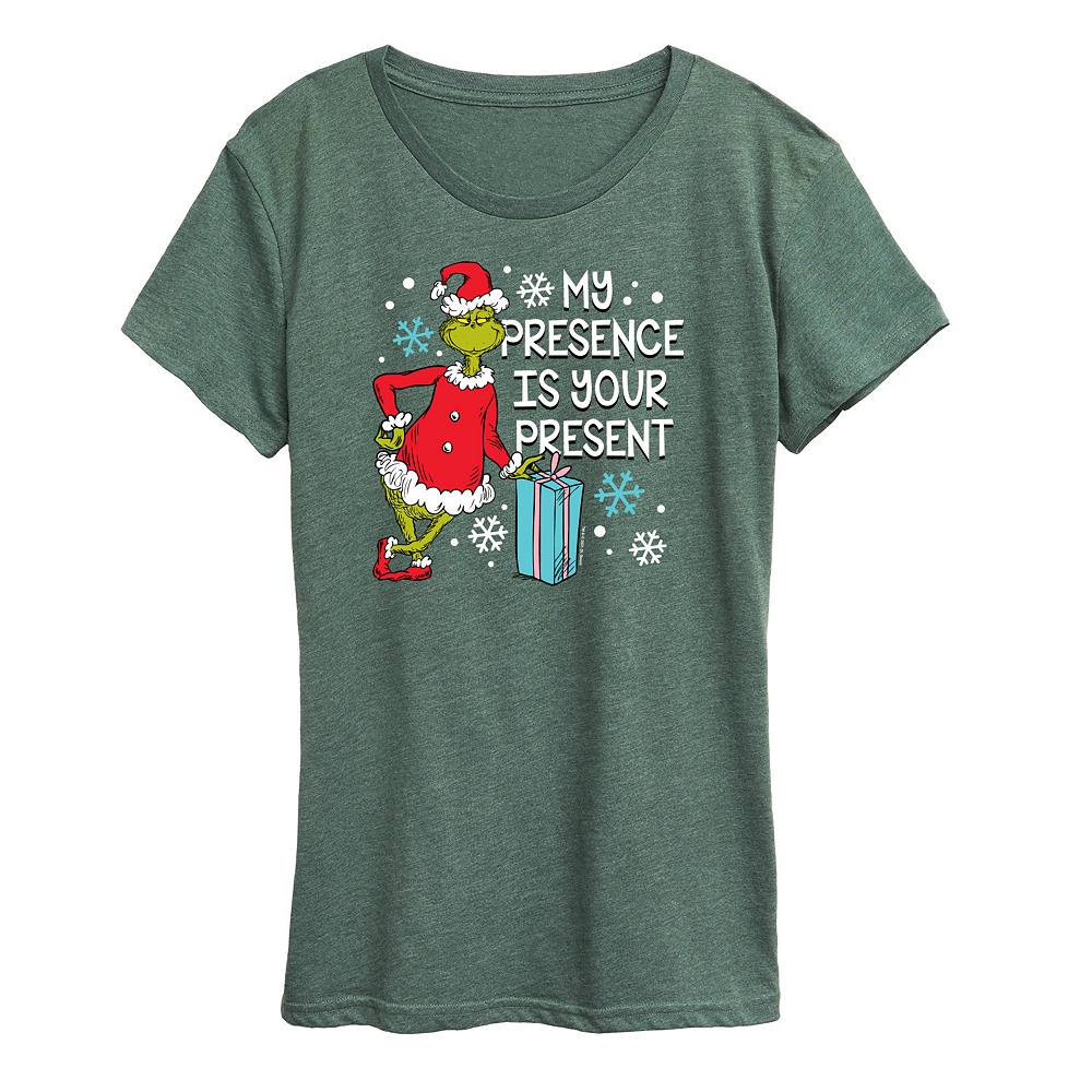 

Женская футболка с рисунком Dr. Seuss The Grinch Presence Present Licensed Character, цвет Heather Green