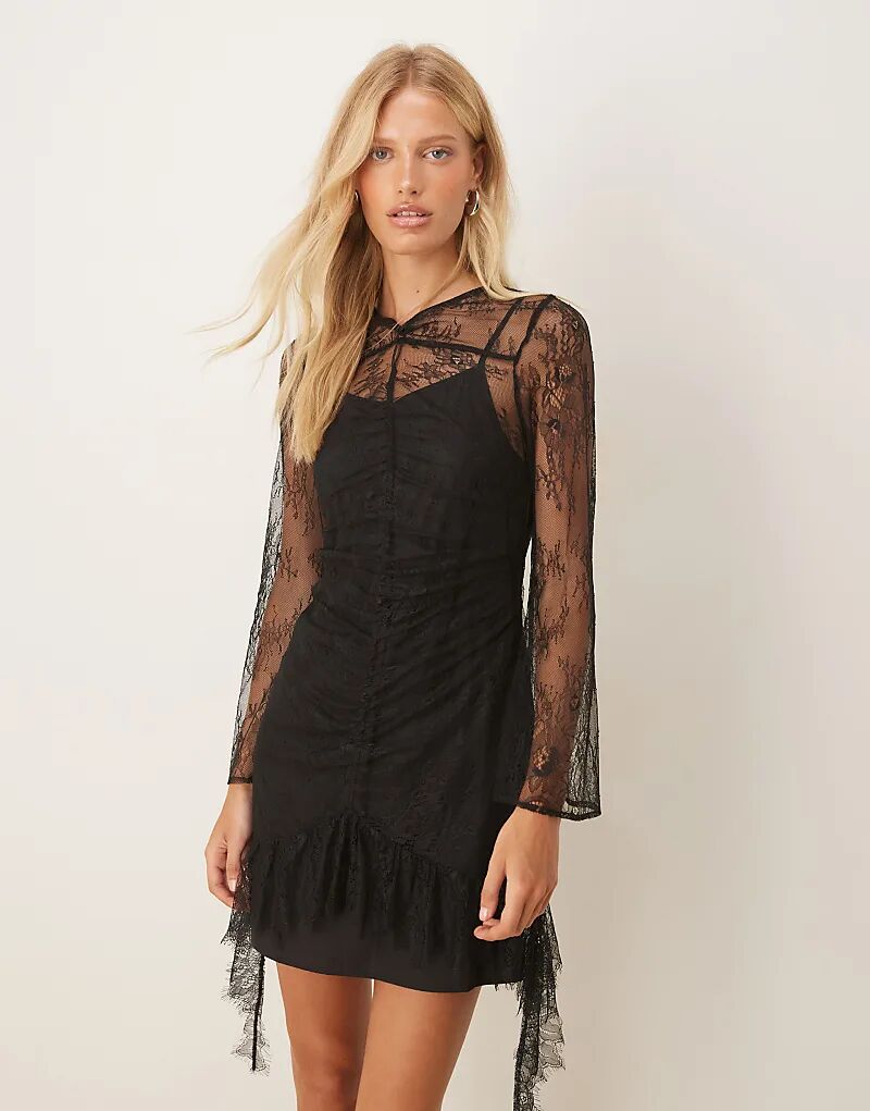 

Мини-платье ASOS DESIGN с кружевом спереди и сборками черного цвета