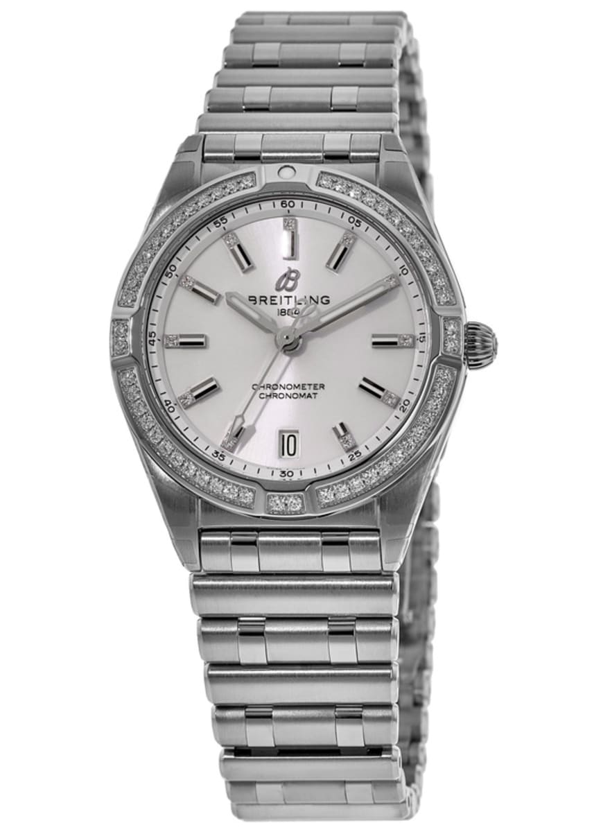 

Женские часы Breitling Chronomat Quartz 32 с белым циферблатом и бриллиантовым безелем из стали A77310591A1A1